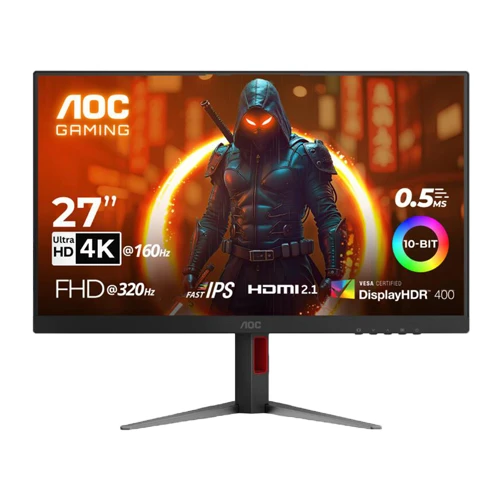 AOC U27G4 27" 4K UHD (3840x2160) Dual Mode (FHD @ 320Hz or UHD @ 160Hz) 0.5ms MPRT Adaptive-Sync Fast IPS Gaming Monitor with Tilt, Pivot, Swivel & Height Adjustment (Black/Red)