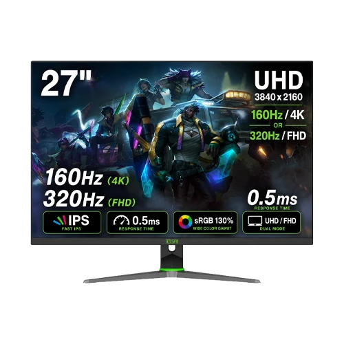 ELSA EA274FX PRO - 27-inch - UHD 4K - FAST IPS - DUAL MODE (160Hz/UHD + 320Hz/FHD) - 0.5ms - AI COLOR - ADJUSTABLE STAND - Adaptive Sync - (2*HDMI + 2*DP + Audio Out + Speaker)