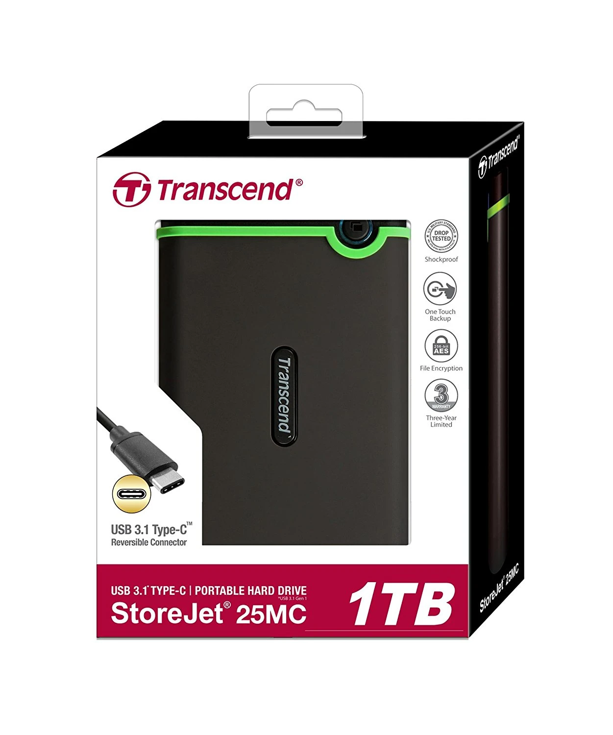Transcend StoreJet 1TB External Hard Drive - USB3.1(5Gbps) Portable HDD - One Touch Auto-Backup Button - Anti-Shock Resistant Compact - Lightweight Lightning Fast Speeds - Iron Gray - TS1TSJ25M3S