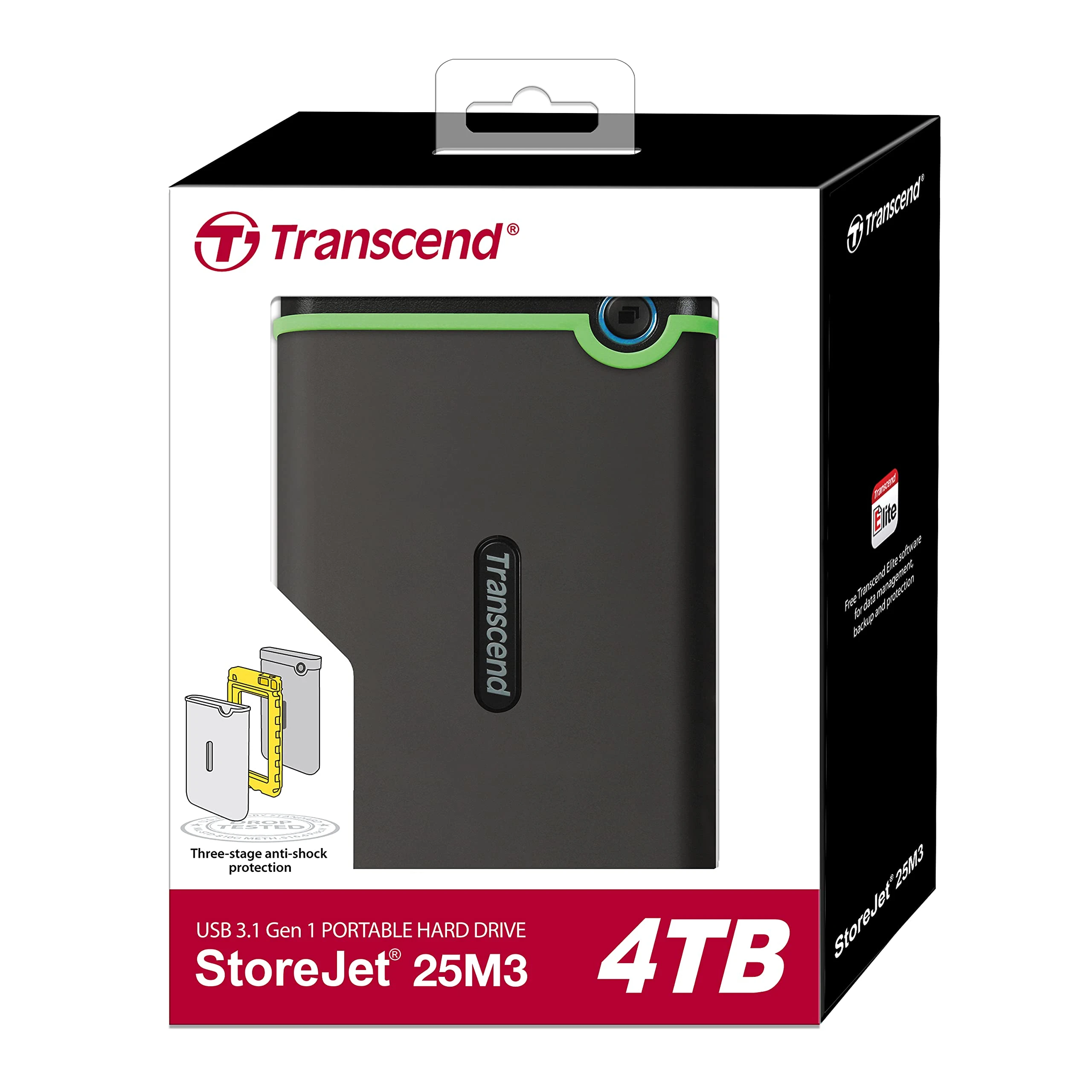 Transcend StoreJet 4TB External Hard Drive - USB3.1(5Gbps) Portable HDD - One Touch Auto-Backup Button - Anti-Shock Resistant Compact - Lightweight Lightning Fast Speeds - Iron Gray - TS4TSJ25M3S