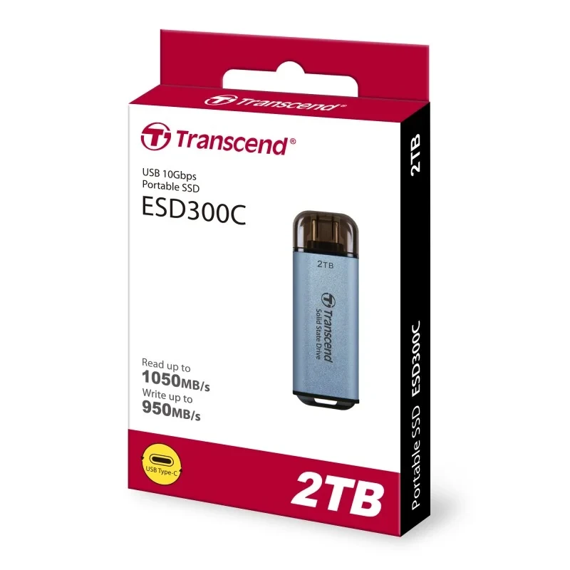 Transcend ESD300C 2TB Portable SSD, up to 1050MB/s USB-C SSD External Hard Drive USB 3.2 Gen 2