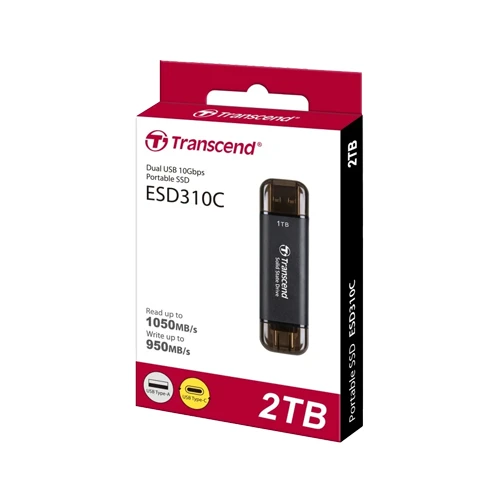 Transcend ESD310C 2TB Portable SSD, up to 1050MB/s USB-C SSD External Hard Drive USB 3.2 Gen 2, 2-in-1 Type C &Type A Memory Stick
