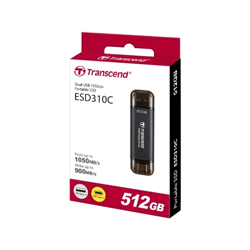 Transcend ESD310C 512GB Portable SSD, up to 1050MB/s USB-C SSD External Hard Drive USB 3.2 Gen 2, 2-in-1 Type C &Type A Memory Stick